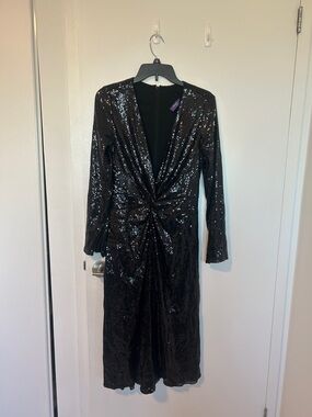 Ralph Lauren Purple Label Black Sequin Twist-Front Long Sleeve Dress
